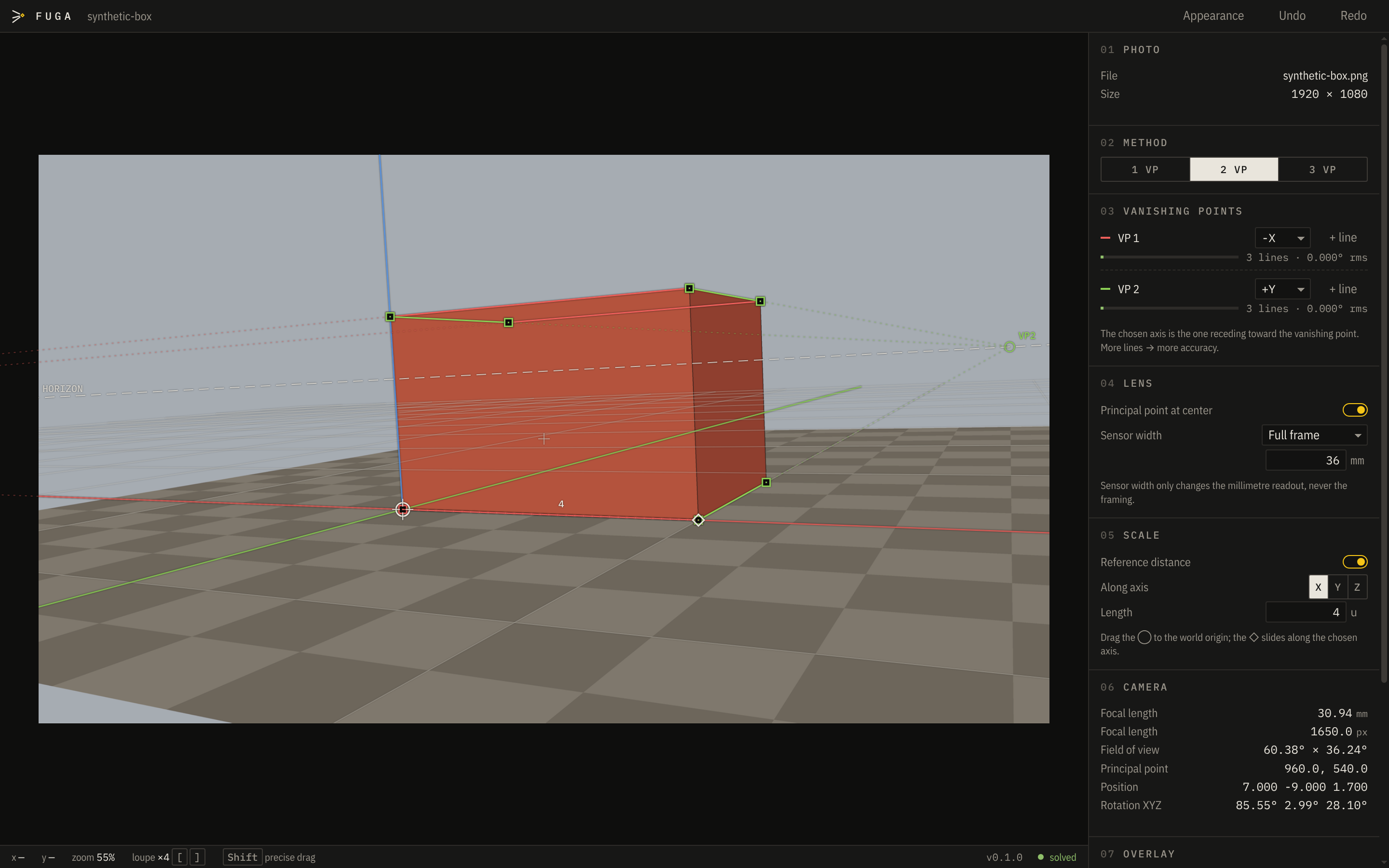 The Fuga window: a photo of a box with coloured lines traced on its edges, a ground grid, and the solved camera values in the side panel.